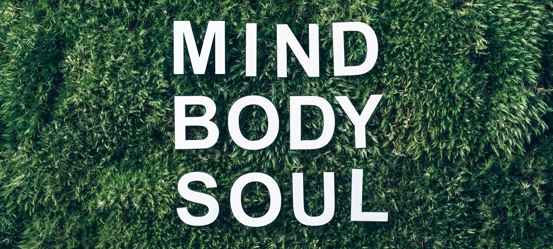 Words Body, Mind, Spirit and Soul on Moss, Green Grass Background. Top View. Copy Space. Banner. Biophilia Concept. Nature Backdrop. Work Life Balance Concept